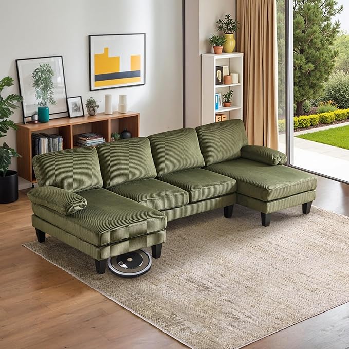 VINGLI 110 Sectional Couches for Living RoomU Shaped Couch with Double Chaise 4-Seat Sofa Set with Corduroy Fabric for Home FurnitureGreen