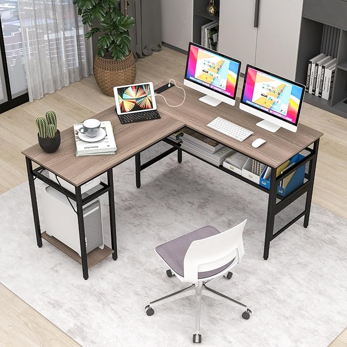 Tangkula Reversible L-Shaped Computer Desk with Charging Station &amp Shelves Large Corner Gaming Desk with Adjustable Shelf &amp CPU Stand Modern Study Writing Desk Home Office PC Workstation (Gr