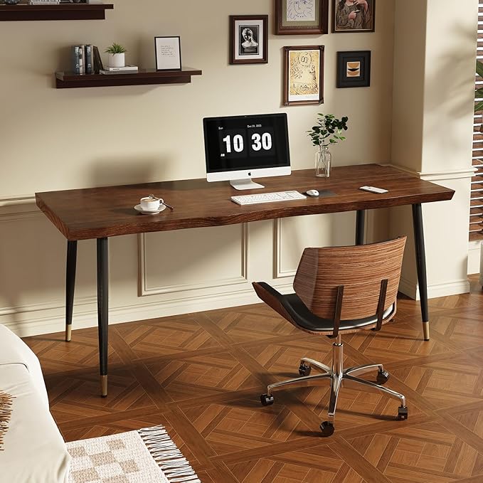 Solid Wood Desk 55 inches Home Office Computer Desk Wooden Rustic Writing Desk Metal Modern Simple Design Executive Real Wood Desk(Walnut)