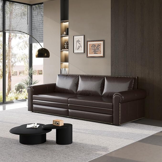 93.7 King Size Chesterfield 3-seat Pull Out Sofa Bed Leather Sofa Bed with Nailhead Trim and Rolled Arm 3-in-1 Sofa Sleeper for Living Room Apartment Office Dark Brown