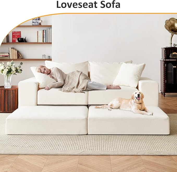 Modular Sectional Loveaeat Cloud Sofa Boneless Couch with Non Slip Base Modern Sleeper Sofa for Customizable Living Spaces Cozy Modular Couch with L-Shape Chaise Deep Seat &amp No Assembly Beige