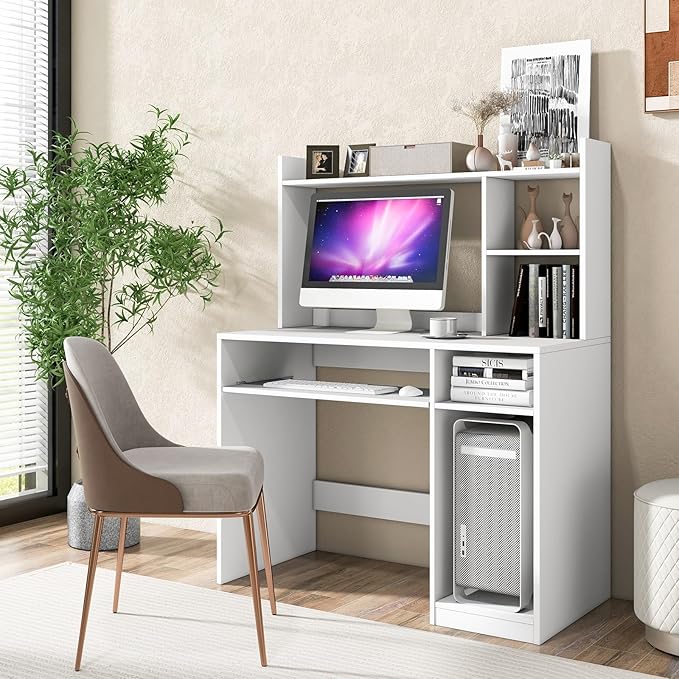 Computer Desk with Power Outlet and Hutch Home Office Workstation with Bookshelf Keyboard Tray &amp CPU Stand Writing Study Table with Storage for Small Space Black/White (White)