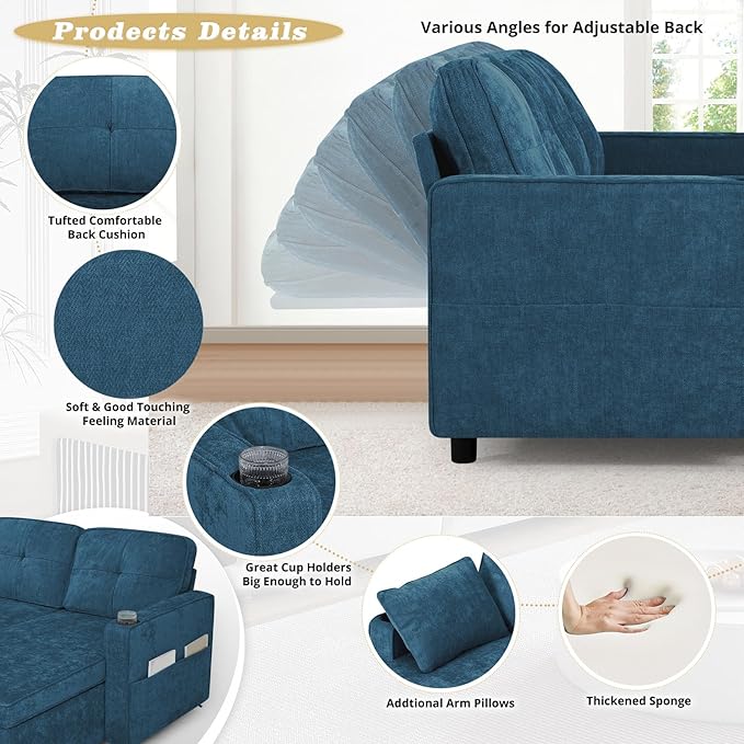 110 Inches Chenille Sectional Sofa w/Pull Out Sofa Bed &amp Adjustable Back Tufted U Shaped Couch w/Two Storage Chaises Sleeper Sectional Sofa w/USB Port &amp Cup Holders for Living Room Blue