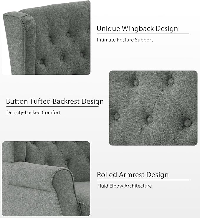 Lumibee High Back Accent ChairUpholstered Wingback Armchair with Solid Wood Legs for Small SpacesComfy Single Sofa Chair for Living RoomBedroomOffice-Gray