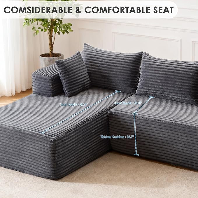 107 Cloud Couch Modular Sectional L Shaped Couch with Chaise Deep Seat Sofa Fluffy Corduroy Couches Boneless Couch for Living Room Gray Left Facing Chaise