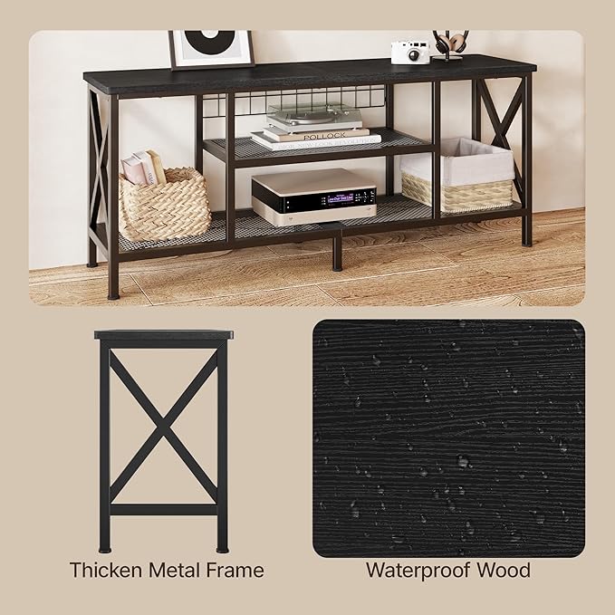 Gizoon TV Stand for 65 Inches TV 59.8'' Entertainment Center with Metal Frame TV Media Console Table with Open Storage Shelves for Living Room Bedroom Black