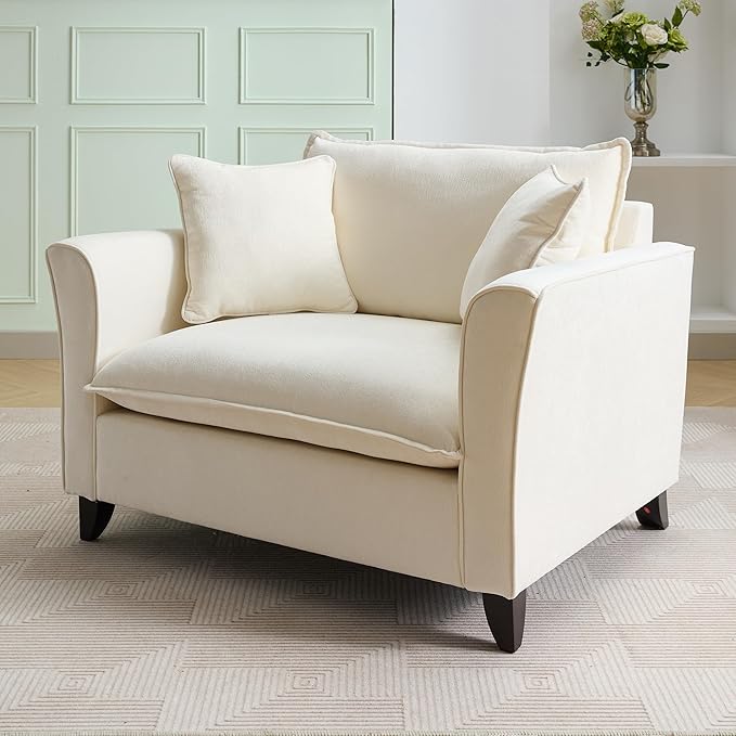 Chenille Fabric Oversized Armchair Modern Accent Chair Single Sofa with 2 Pillows and Washable Covers for Living Room Bedroom Office Apartment (Cream-46.9'')