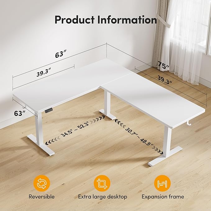 CubiCubi L Shaped Standing Desk 75 x 63 Inch Adjustable Height Electric Corner Desk Sit Stand Home Office Desk with Splice Board White(2 Packages)