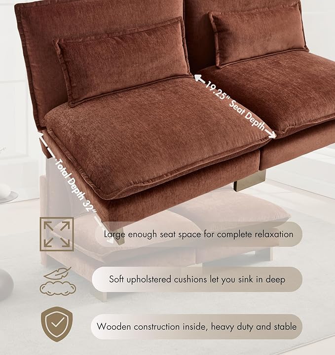 Small Modular Sofa Armless Loveseat Modern 2-Seats Mini Sofa Couch with Pillows Convertible Love Seat with Gold Legs for Small Spaces Living Room Brown Chenille