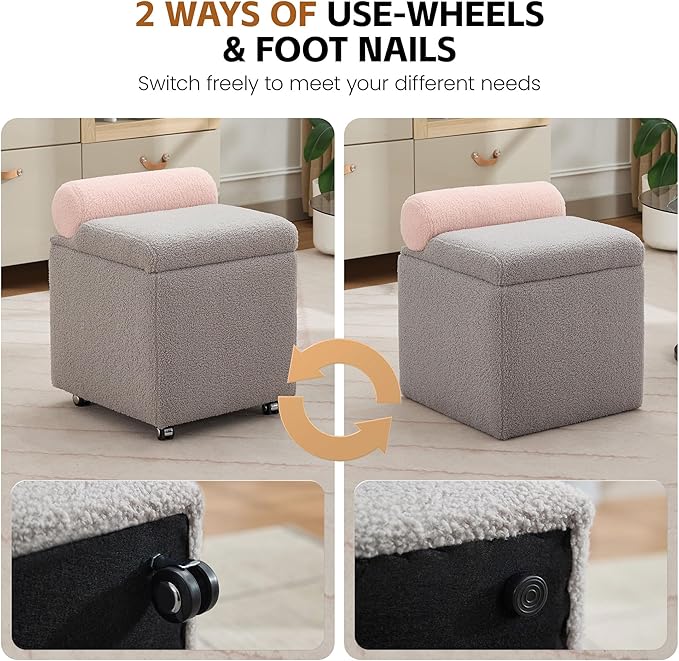 Boucle Vanity Chair with Storage Swivel Makeup Vanity Chair with Wheels &amp Safety Hinge Upholstered Vanity Stool Ottoman for Bedroom Dressing Room Grey