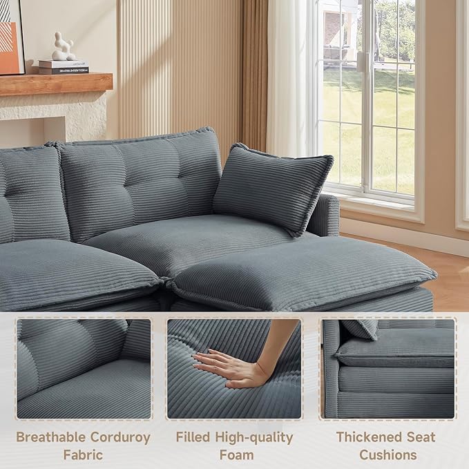 Modular Sectional Sofa 76.5 L-Shaped Corduroy Comfy Sectional Couches for Living Room 2-Seater Cloud Couches with 1 Movable Ottoman Flexible Combination Modern Deep Seat Sofa (Grey)