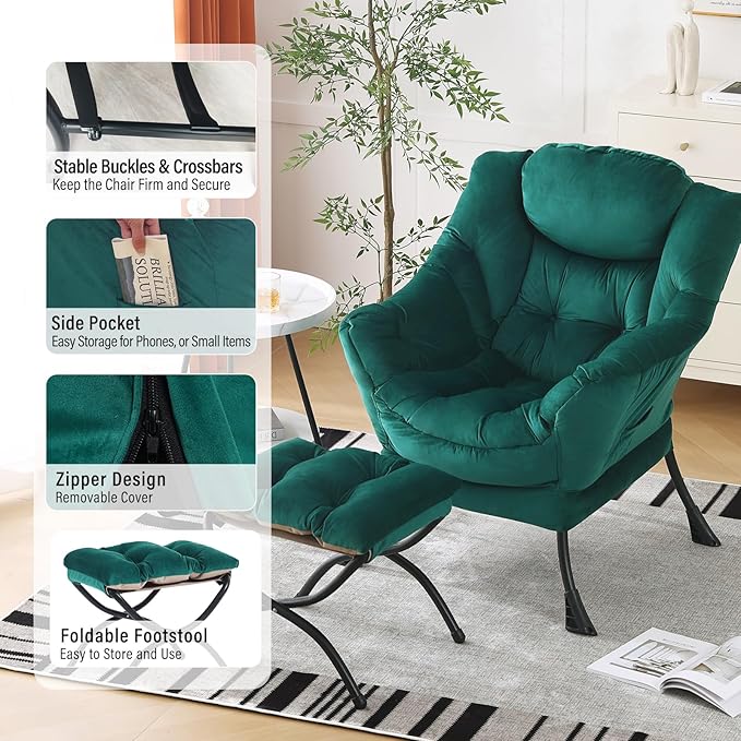 Lazy Chair with Ottoman Modern Accent Chairs with Folding Footrest Velvet Dark Green Sofa Chair Set Reading Chairs Oversized Armchairs for Bedroom Study Living Room Courtyard