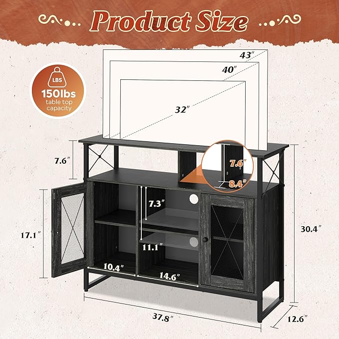 WLIVE TV Stand for 43 Inch TV Small Entertainment Center with Storage Cabinet &amp Adjustable Shelves Farmhouse Industrial TV Stands for Living Room and Bedroom 32 TV Console Black