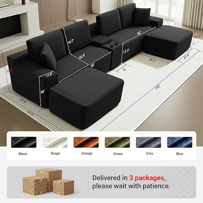 150 Inch Modular Sectional Sofa Couch Oversized Modern Cloud Couch for Living Room U Shape Couches with 2 Ottomans USB Ports and Cup Holders Black Corduroy Boneless Sofas Sofa in a Box