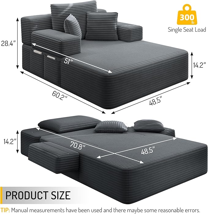 70W Oversized Chaise Lounge Chair Indoor with Adjustable Backrest &amp Storage 2 in 1 Convertible Sleeper Sofa Bed Compression Foam Boneless Couch for Living Room Bedroom Plush Corduroy Dark Grey