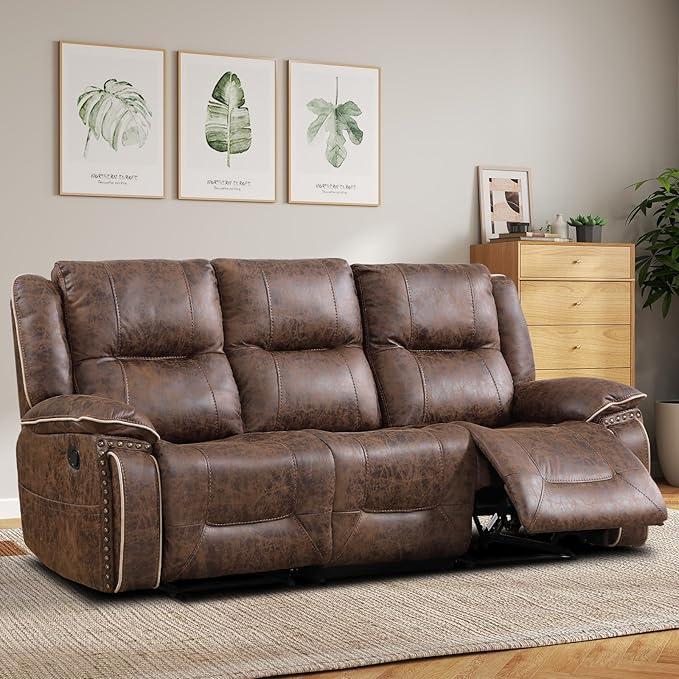 EBELLO Faux Leather Manual Recliner 3 Seater Reclining Sofa Chair 3 Seat Sofa Couch with Hidden Cup Holders Vintage Rivet Mid-Century Design for Living Room Meeting Room Brown