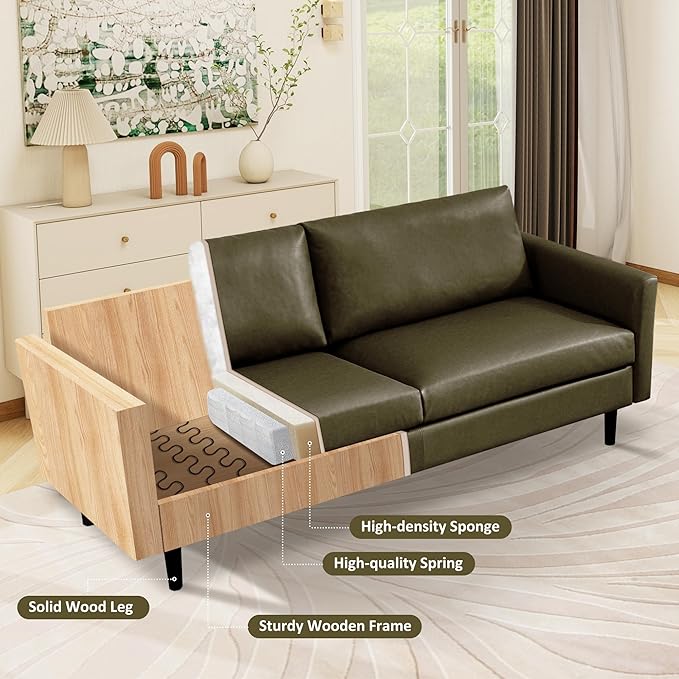 Tbfit Loveseat Faux Leather Sofa Couches for Living Room Bedroom &amp Office Olive Green