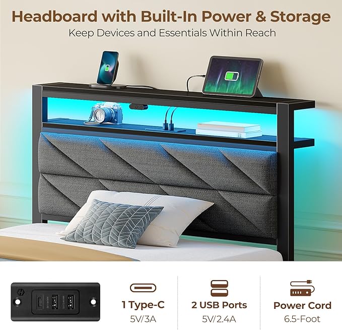 Seventable Bed Frame Twin Size with Charging Station LED Bed with Upholstered Storage Headboard Metal Platform Bed with Under Bed Storage No Box Spring Needed Noise Free Easy Assembly Grey