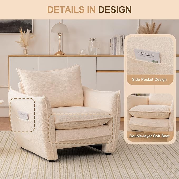 Oversized Accent Chair Modern Single Sofa Cloud Chairs with Removable Pillow Deep Seat Comfy Armchair for Living Room Bedroom Reading Nook - Upholstered Lounge Chair (Beige Set of 2)