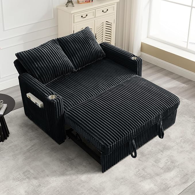 Hommoo Sleeper Sofa Couch with Pull Out Bed Convertible 3 in 1 Futon Lounge Sofa Small Love Seat for Living Room Apartment Comfy Corduroy Reclining Back with Cup Holder and USB Ports 53 Black