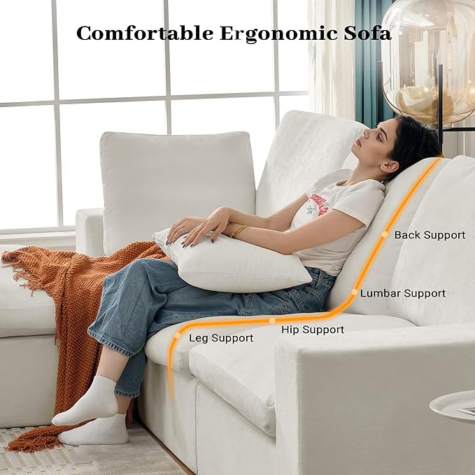 121 L-Shaped Modular Sectional Sofa with Ottoman Upholstered Cloud Couch with Deep Seat Boneless Sofa Sectional Couch for Living Room No Assembly Required Chenille Warm White | Breathable Materia