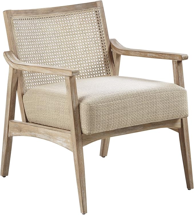 INK+IVY Kelly Accent Chair For Living Room Upholstered 6.25 T Seat Cushion Solid Wood Frame Cane Backrest Farmhouse Accent Armchair Family Room Rustic Furniture Décor 25W Light Brown