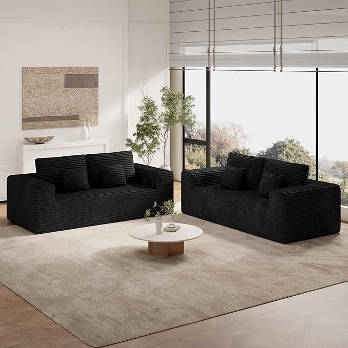 80'' Modern Cloud Loveseat Sofa Set of 2 No Assembly Required Deep Seat Comfy Small Couches Includes 2 pcs Pillows for Living Room Bedroom Apartment(Black)