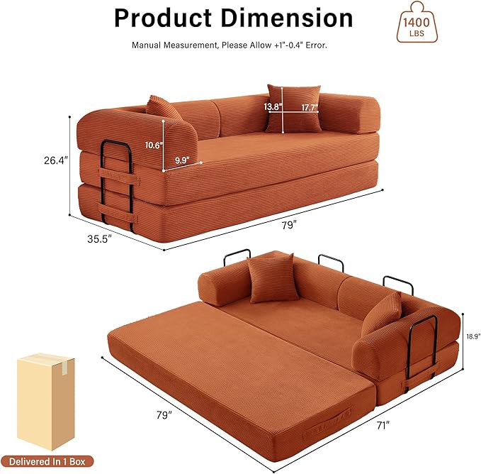 79 5-in-1 Folding Convertible Sofa Bed Oversized Corduroy Futon Floor Couch with Pull-Out Sleeper Modular Boneless Loveseat for Small Spaces Living Room Bedroom (Orange)