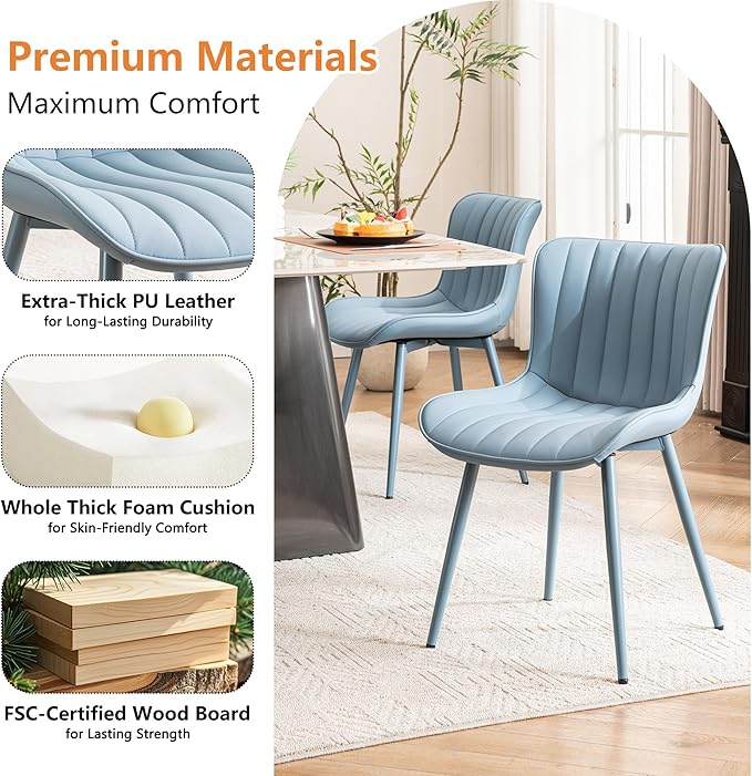 YOUNUOKE Mid-Century Modern Dining Chairs Set of 2 Blue PU Leather Upholstered Kitchen Chairs with Blue Metal Legs Armless Accent Chair for Dining Room Guest Reception Room