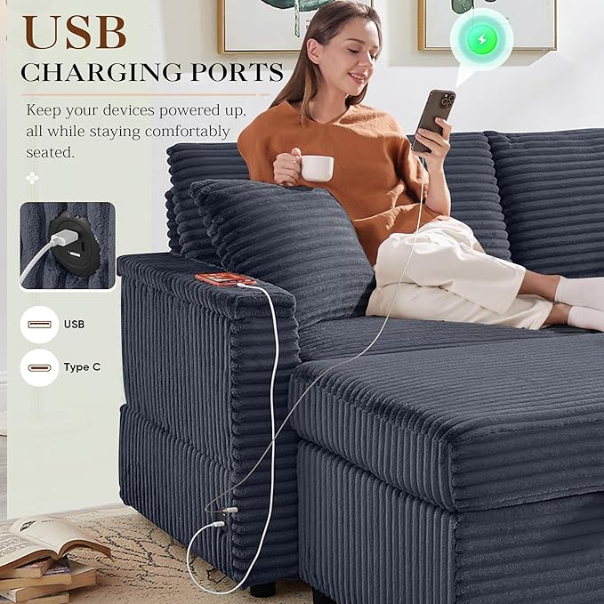 68 Cloud Loveseat with Ottoman Set USB Ports &amp Storage Wooden Side Table Comfy Plush Corduroy Upholstered Love Seat Modern Oversized Deep Seated Grey Sectional for Living Room Grey