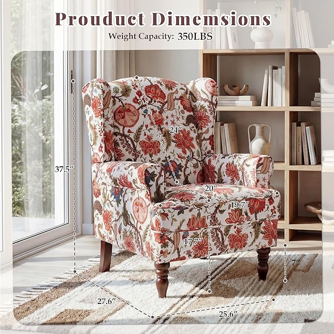 EROMMY Floral Accent Chair Comfortable High Back Upholstered Armchair with Solid Wood Legs Leisure Single Sofa Chair for Living Room Bedroom Home Office Red Floral