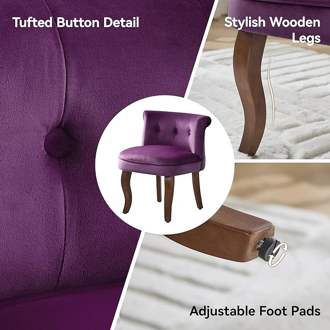 Velvet Vanity Chair with Solid Wood Legs Tufted Upholstered Vanity Stool with Back Mid Century Small Makeup Accent Chair for Bedroom Living Room Purple