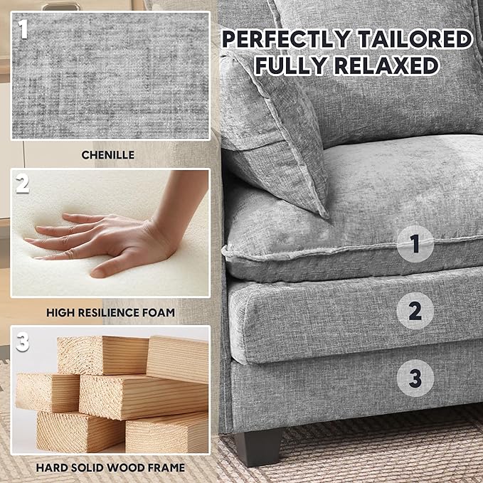 Modern 102 L Shaped Sectional Sofa Cloud Couch Comfy Chenille Modern Modular Sleeper Sofa Upholstery Sofa with Ottoman &amp Memory Foam for Living Room Grey