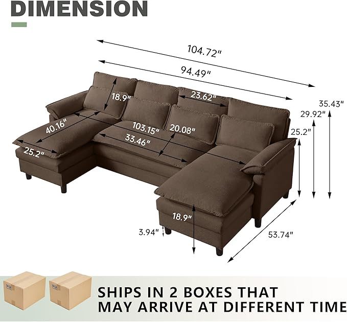 105 Convertible Sectional Sofa U Shaped Comfy Cloud Couch with Double Chaise and Padded Armrests Modern Upholstered 4 Seater Sofa for Living Room Apartment Office Coffee