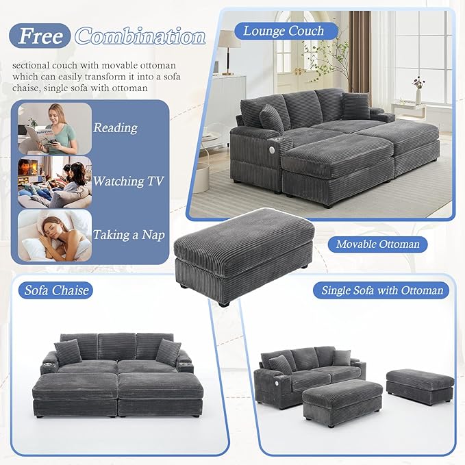 86.6 Sectional Sofa Couch with 2 Ottomans Comfy Corduroy Upholstered Cloud Modular Convertible Couch with Cup Holders and USB Armrest Storage Deep Seat Oversized Loveseat for Living Room Grey