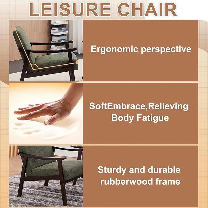 Mid-Century Accent Chair Upholstered Fabric Living Room Chair with Solid Wood Frame Modern Small Side Arm Chairs Comfy Wingback Reading Chair for Bedroom Office (Antique Green)