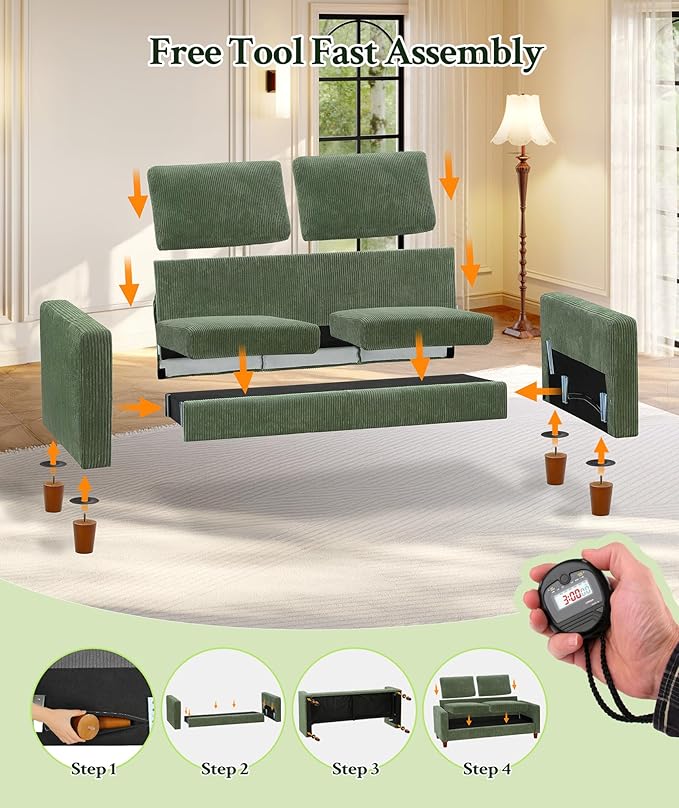 70.2 Couches for living room Comfy U Shaped Couch Green 7.1 Thicker Cushion Sofas for Living Room Tool-Free Setup Loveseat with Ottoman 7058lbs Support Corduroy Couch for Bedroom Office