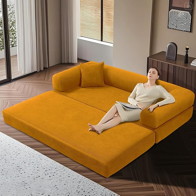 KBQ 3-Seat Convertible Sleeper Sofa Bed with 2 Pillows Corduroy Folding Mattress Couch Floor Sofa Lounge Couch for Living Room Bedroom Lounge Studio Yellow