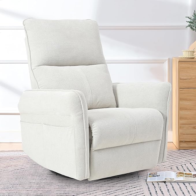cinkehome Swivel Rocker Recliner Glider Rocker Recliner Chair for Nursery Overstuffed Manual Reclining Chair for Small Spaces Living Room Beige Snowflake Fleece