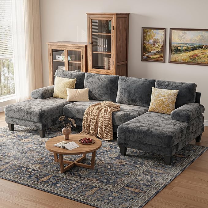Sectional Couches for Living Room | 112 Inch U-Shaped Sectional Couch | 4 Seat Sofa Set with Double Chaise for Apartment | Dark Grey Chenille