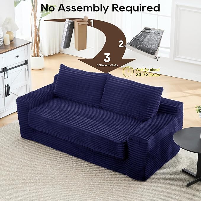 GNIXUU Corduroy Cloud Loveseat Sofa 2 in 1 Convertible Sleeper Sofa with Fixed-Shape Frame Comfy Folding Boneless Love Seat Couches for Living Room Apartment Small Spaces Blue