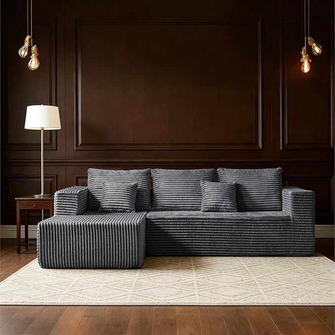 106 Corduroy Boneless Modular Sectional Sofa Cloud-Louch Deep Seat Sofa with Left Chaise for Living Room &amp Bedroom（L-Shaped Left Hand Facing ）