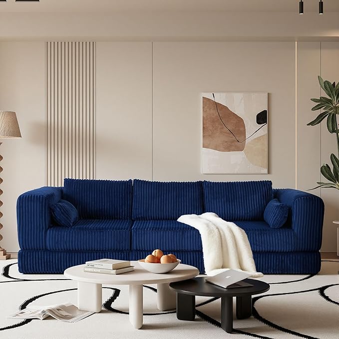 STHOUYN 106 Corduroy Folding Convertible Sleeper Sofa Bed Blue Pull Out Floor Modular Couch with Pillow Memory Foam Boneless Couchs Sectional for Living Room Bedroom (3 Navy Blue)
