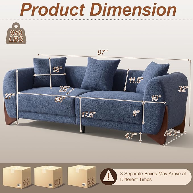 87 Sherpa Boucle Cloud Couch Modern 3 Seater Sofa with Solid Wood Legs 25 Extra Deep Seat Comfy Thick Cushion Upholstered Sofa Couches with 3 Pillows for Living Room Blue