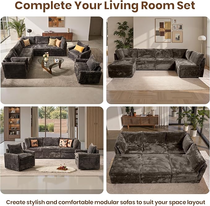 32.7'' Ottoman for Modular Sectional Sofa Deep Seat Upholstered Footstool for Sofas Set L/U/V Shaped Plush Corduroy Cloud Couch for Living Room Apartment Grey