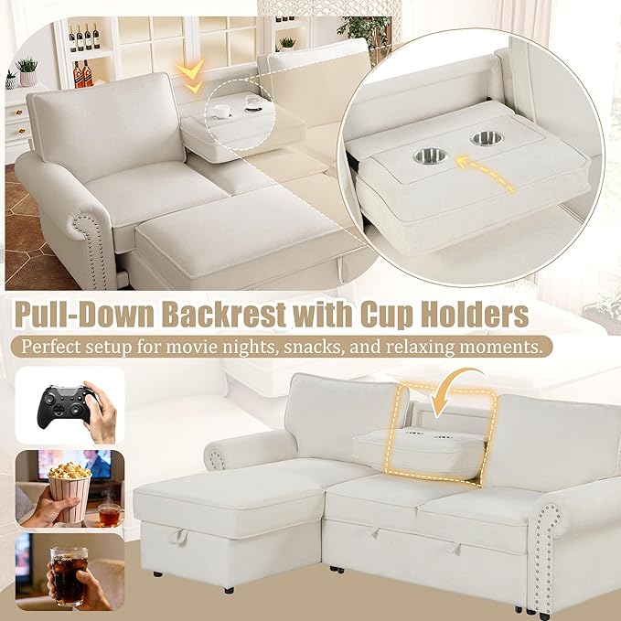95 Convertible Sectional Sleeper Sofa with Storage Chaise Pull-Down Backrest with 2 Cup Holders Arc Armrests with Nailhead Trim Warp Knitting Polyester Fabric Acacia Wood Frame (Beige-09)