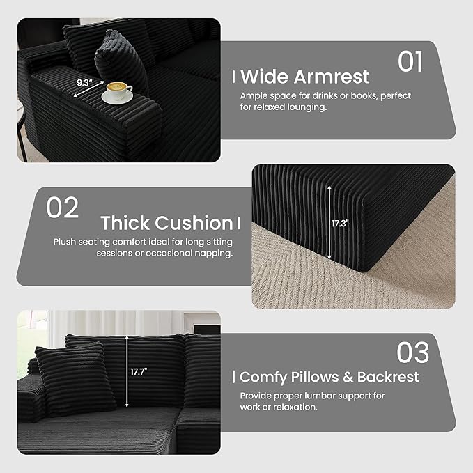 103'' Modular Sectional Sofa with Deep Seat Comfy L Shaped Couch Modern Cloud Couch with Oversized Chaise Corduroy No Assembly Required for Living Room Bedroom Black