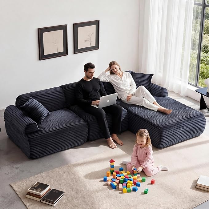 105”Cloud Couch Sectional Sofa Modular Boneless Sofa for Living Room and Apartments Deep Seat Corduroy L Shape Couch with Removable Washable Covers (Black 3 Seater+Right Facing Chaise)