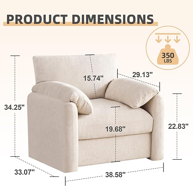 Chenille Oversized Armchair 38.6 Wide Accent Chairs for Living Room &amp Bedroom Modern Lounge Chair Upholstered Mid-Century Reading Chair Comfy Living Room Chair Single Sofa Chair Beige