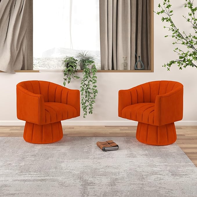 Modern Swivel Accent Chair Velvet Corner Chair Comfy Round Barrel Chair Cozy Armchair for Living Room Bedroom Office Spaces - Orange
